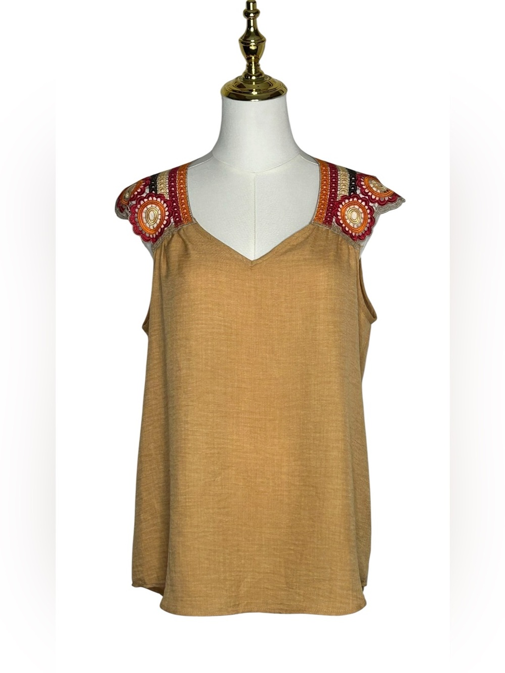 Hailey & Co Crochet Shoulder Top Mustard Tan EUC Sz M Boho Festival Artsy